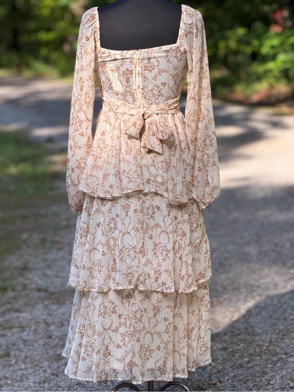 Francesca's Collections Cream and Tan Floral Long Sleeve Maxi Dress - Picture 5 of 6